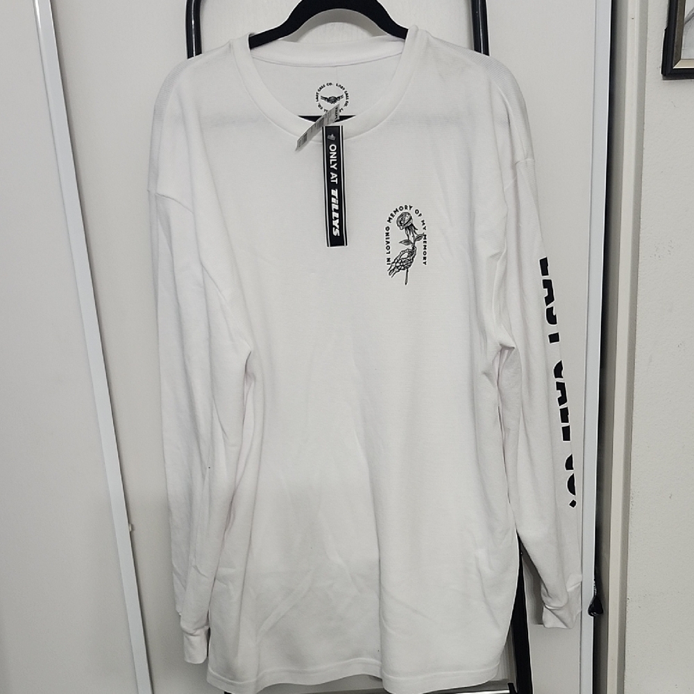 Tilly's Last Call Co White Thermal Long Sleeve Tee with Sleeve Graphics